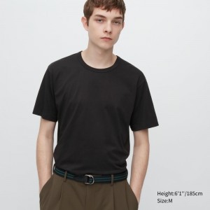 Black Uniqlo Airism Cotton Crew Neck Men T Shirts | 6379857