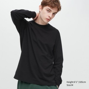 Black Uniqlo Airism Cotton Uv Protection Crew Neck Men T Shirts | 237018