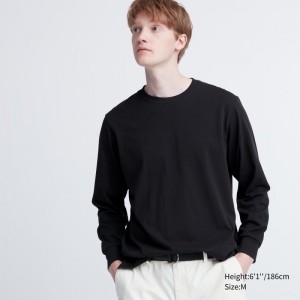 Black Uniqlo Airism Cotton Uv Protection Crew Neck Men T Shirts | 3569944
