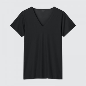 Black Uniqlo Airism Mesh Anti-odor V-neck Men T Shirts | 3908622