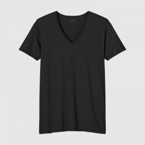 Black Uniqlo Airism V-neck Short-sleeve Men T Shirts | 5529612