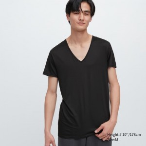 Black Uniqlo Airism V-neck Short-sleeve Men T Shirts | 5788134