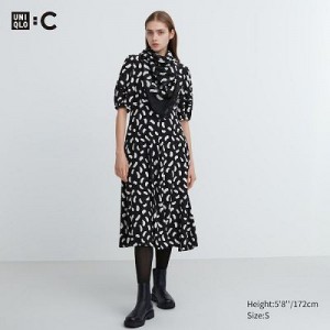 Black Uniqlo Balloon Sleeve Short-Sleeve Women Dress | 4493056