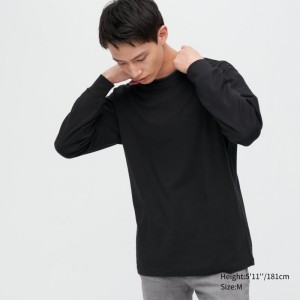 Black Uniqlo Brushed Cotton Crew Neck Long-sleeve Men T Shirts | 9840202