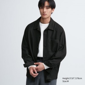 Black Uniqlo Brushed Twill Overshirt Men Shirts | 9071661