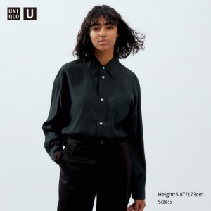 Black Uniqlo Draped Long-Sleeve Women Shirts | 1965760