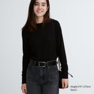 Black Uniqlo Extra Fine Merino Crew Neck Long-Sleeve Women Sweaters | 6355497