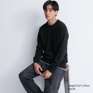 Black Uniqlo Extra Fine Merino Crew Neck Long-Sleeve Women Sweaters | 1770778