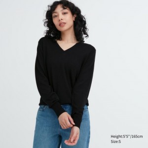 Black Uniqlo Extra Fine Merino V-Neck Long-Sleeve Women Sweaters | 8611418