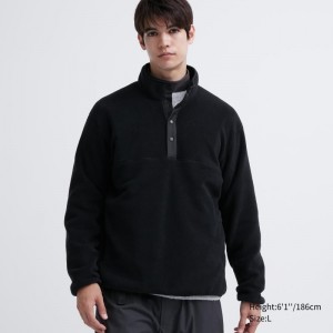 Black Uniqlo Fleece Button Up Long Sleeve Pullover Men Hoodie | 9539712