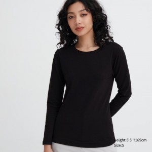 Black Uniqlo HEATTECH Cotton Crew Neck Long-Sleeve Women T Shirts | 6648196