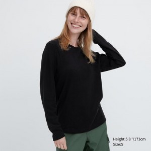 Black Uniqlo HEATTECH Fleece Crew Neck Long-Sleeve Women T Shirts | 7489463