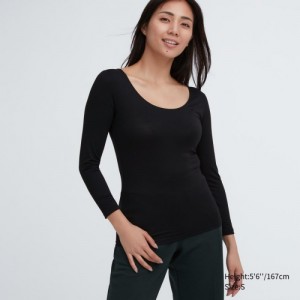 Black Uniqlo HEATTECH Scoop Neck Long-Sleeve Women T Shirts | 4811009