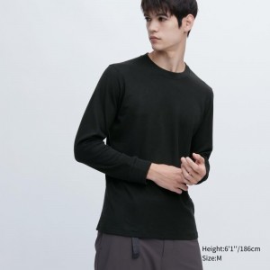 Black Uniqlo HEATTECH Ultra Warm Crew Neck Long-Sleeve Men T Shirts | 5883590