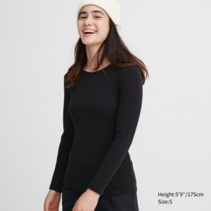 Black Uniqlo HEATTECH Ultra Warm Crew Neck Long-Sleeve Women T Shirts | 1014951