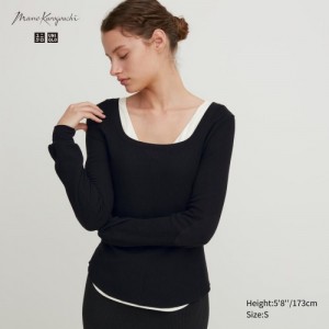 Black Uniqlo HEATTECH Waffle Square Neck Long-Sleeve Women T Shirts | 8953255