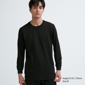 Black Uniqlo Heattech Cotton Crew Neck Extra Warm Men T Shirts | 3280298