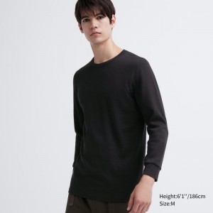 Black Uniqlo Heattech Cotton Waffle Crew Neck Extra Warm Men T Shirts | 8710819