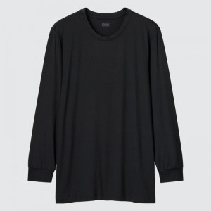 Black Uniqlo Heattech Crew Neck Long-sleeve Men T Shirts | 2175572