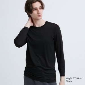 Black Uniqlo Heattech Crew Neck Long-sleeve Men T Shirts | 7679512