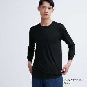 Black Uniqlo Heattech Crew Neck Long-sleeve Men T Shirts | 2360267