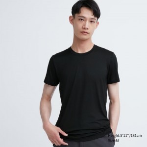 Black Uniqlo Heattech Crew Neck Short Sleeve Men T Shirts | 3024959