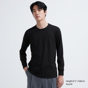 Black Uniqlo Heattech Ultra Warm Crew Neck Men T Shirts | 6663473