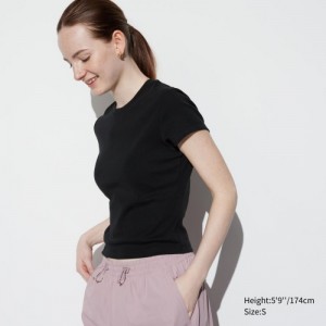 Black Uniqlo Mini Short Sleeve Women T Shirts | 9922844