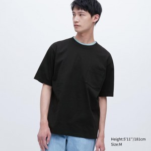 Black Uniqlo Oversized Pocket Crew Neck Half-sleeve Men T Shirts | 3075771