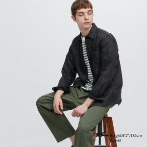 Black Uniqlo Premium Linen Long-sleeve Men Shirts | 7309507