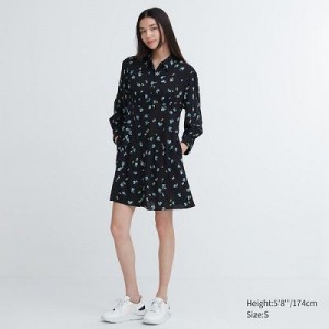 Black Uniqlo Printed V-Neck Long-Sleeve Mini Women Dress | 2169799
