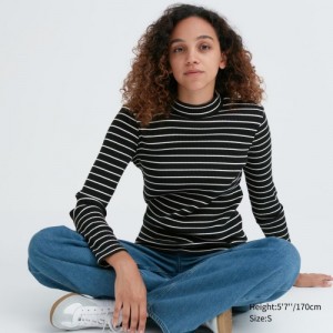 Black Uniqlo Ribbed Striped High Neck Long-Sleeve Women T Shirts | 8791290