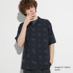 Black Uniqlo Shochiku Kabuki Open Collar Short-sleeve Men Shirts | 4672665