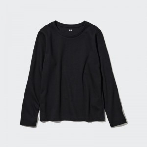 Black Uniqlo Smooth Stretch Cotton Crew Neck Long-Sleeve Women T Shirts | 8112759