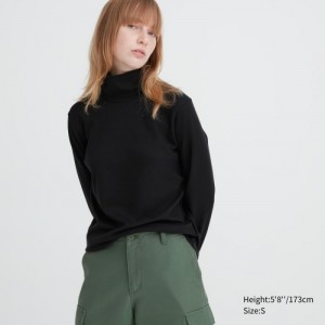 Black Uniqlo Smooth Stretch Cotton Turtleneck Long-Sleeve Women T Shirts | 3165804