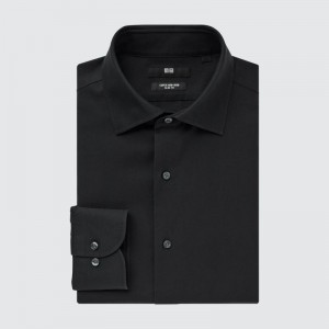 Black Uniqlo Super Non-iron Slim-fit Long-sleeve Semi-wide Collar Men Shirts | 1127493