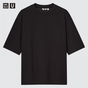 Black Uniqlo U AIRism Cotton Oversized Crew Neck Half-Sleeve Men T Shirts | 5967133