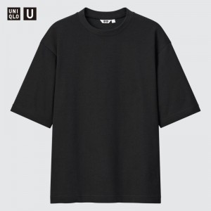 Black Uniqlo U AIRism Cotton Oversized Crew Neck Half-Sleeve Men T Shirts | 8673725