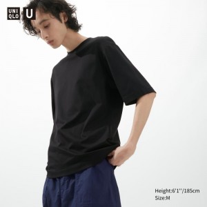 Black Uniqlo U AIRism Cotton Oversized Crew Neck Half-Sleeve Men T Shirts | 9758845