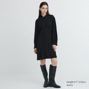Black Uniqlo V-Neck Long-Sleeve Mini Women Dress | 5273235