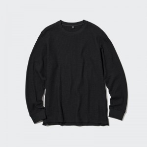 Black Uniqlo Waffle Crew Neck Long-Sleeve Men T Shirts | 7175964