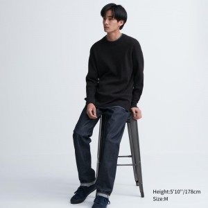 Black Uniqlo Waffle Crew Neck Long-Sleeve Men T Shirts | 2537342