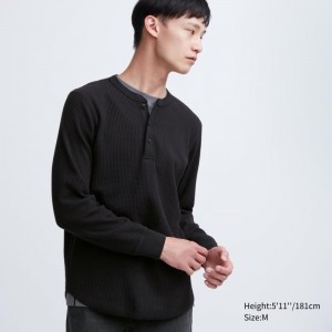 Black Uniqlo Waffle Henley Neck Long-sleeve Men T Shirts | 796219