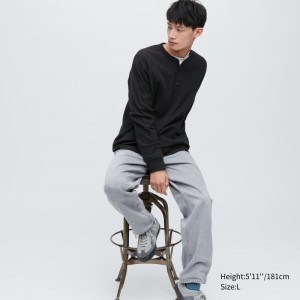 Black Uniqlo Waffle Long-sleeve Henley Men T Shirts | 9282570