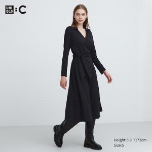 Black Uniqlo Wrap Long-Sleeve Women Dress | 5947015