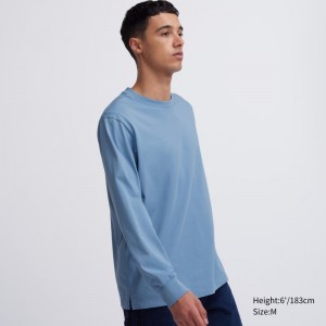 Blue Uniqlo Airism Cotton Uv Protection Crew Neck Long-sleeve Men T Shirts | 2910080