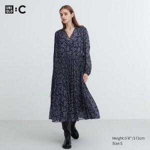 Blue Uniqlo Chiffon Pleated Long-Sleeve Women Dress | 3970204