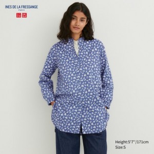 Blue Uniqlo Cotton Silk Long-Sleeve Tunic Women Shirts | 6683629