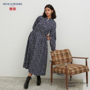 Blue Uniqlo Cotton Twill Printed Volume Sleeve Long Women Dress | 245011