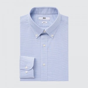 Blue Uniqlo Easy Care Checked Stretch Slim-fit Long-sleeve Men Shirts | 2636171